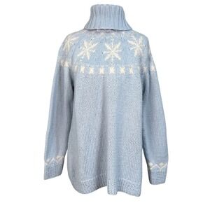 Y2K Women's Knit Turtleneck Sweater Sz-M Baby Blue Snowflake Coquette Cottage